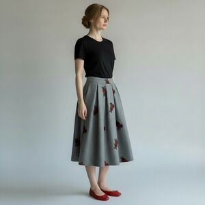 Chicwish Dancing Rose‎ Grey Embroidered Pleated Midi Skirt Pocketed A-Line L